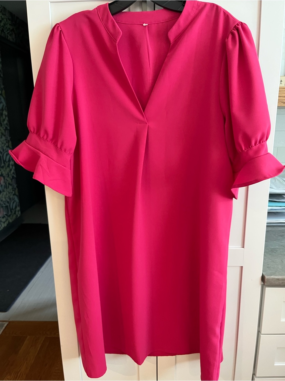 Amazon Women’s Fuchsia V-Neck Shift Dress with Ruffle Puff Sleeves